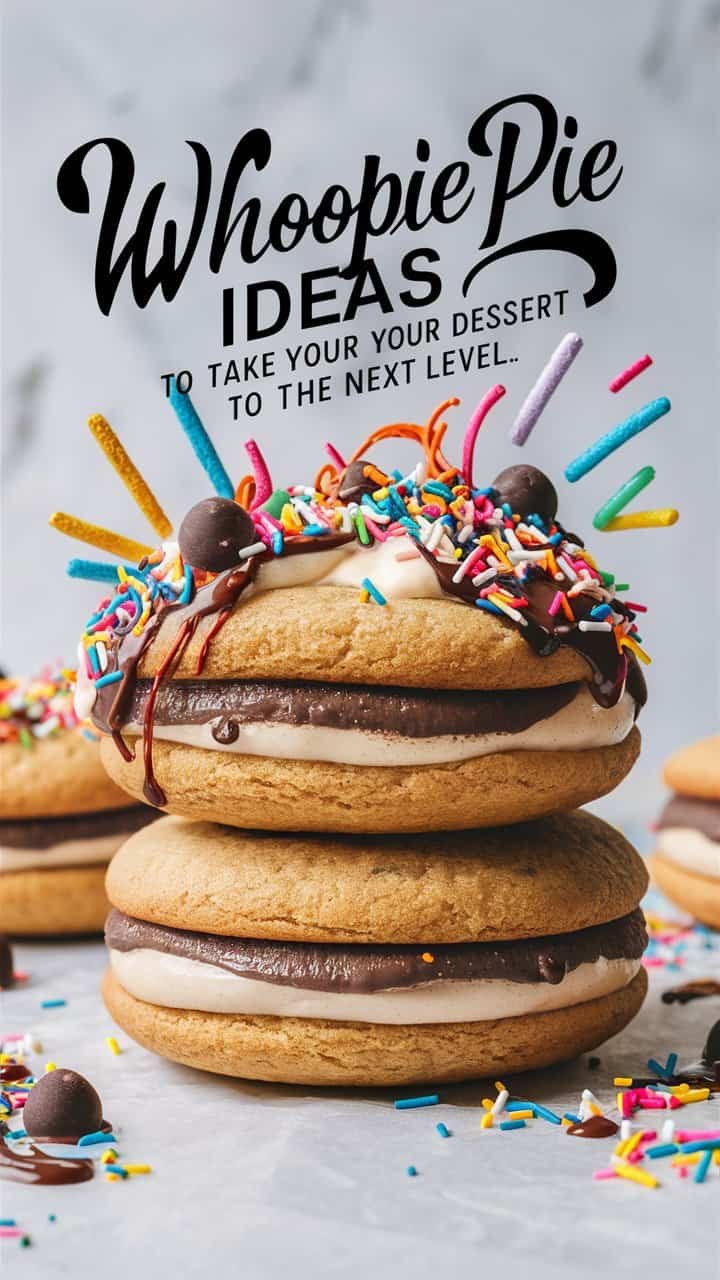 Colorful dessert ideas featuring oversized sandwich cookies topped with chocolate drizzle, whipped cream, sprinkles, and festive candles, designed to elevate your sweet treats.