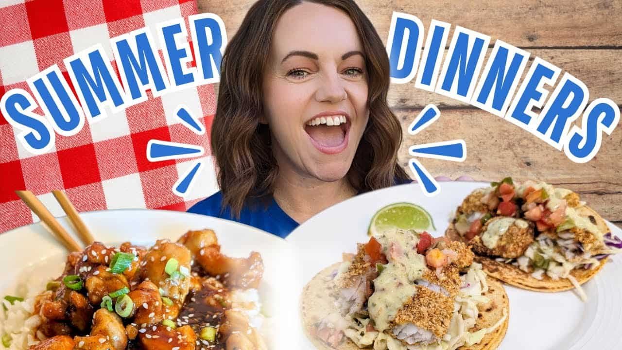 A smiling woman holds a plate of delicious summer dishes, showcasing vibrant food options, with a festive background featuring summer dining themes.