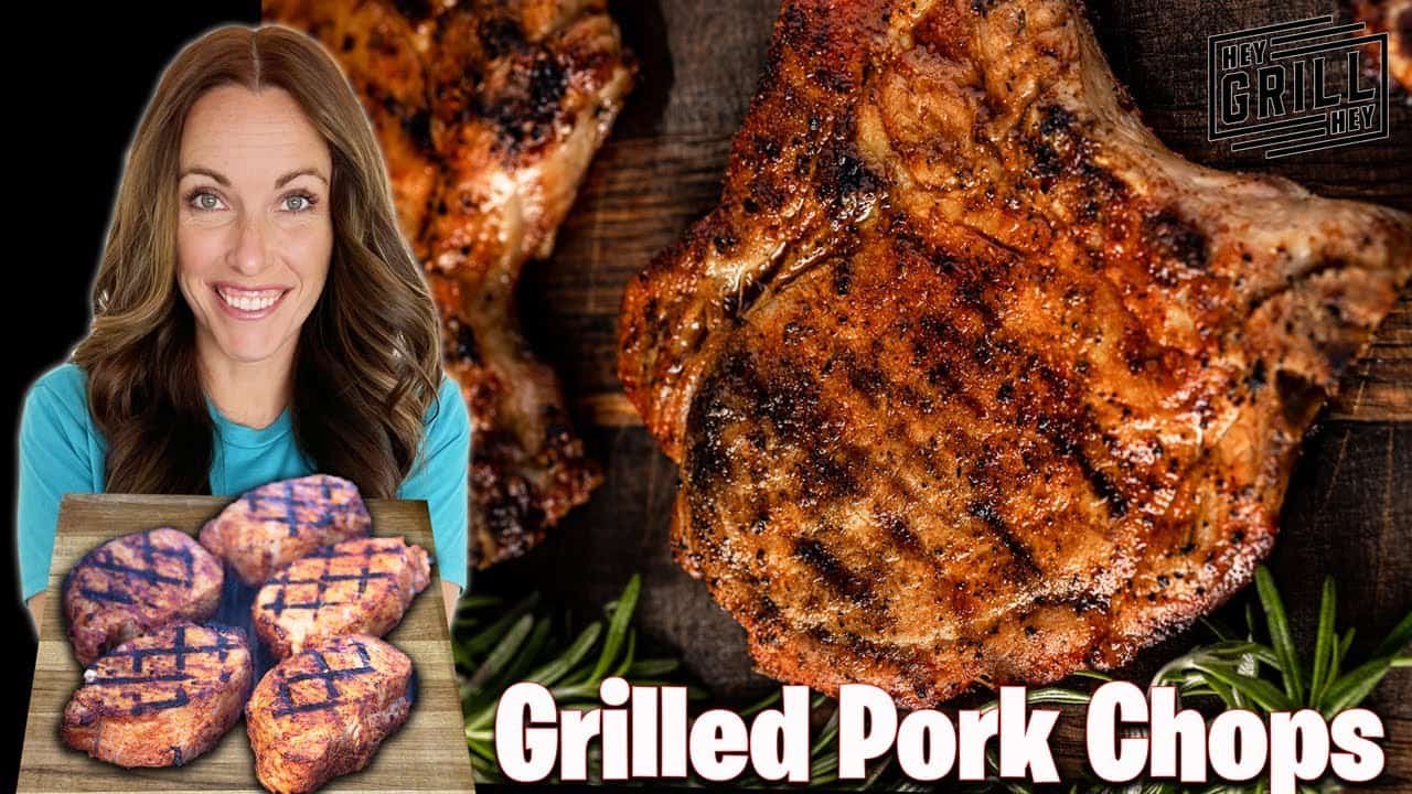 A woman holding grilled pork chops with a close-up of perfectly grilled pork chops in the background, showcasing a delicious barbecue dish.