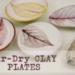 Colorful air-dry clay plates featuring leaf imprints, showcasing a variety of designs and textures, perfect for decorative or functional use.