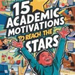 Colorful illustration titled "15 Academic Motivations to Reach the Stars," featuring a joyful child with raised arms, surrounded by educational elements and a vibrant classroom setting, emphasizing the theme of academic inspiration and achievement.