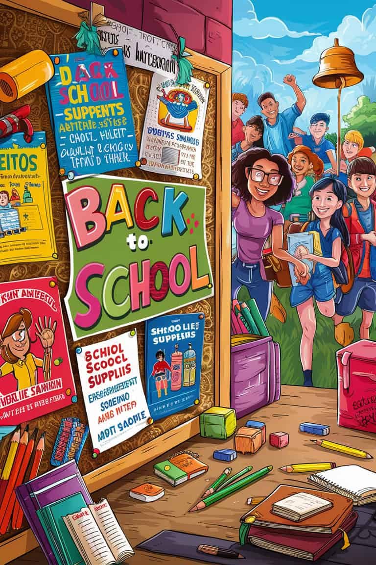 Colorful illustration of children excitedly preparing for the new school year, surrounded by school supplies and posters promoting "Back to School" events.