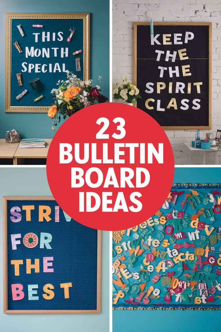 Collage of creative bulletin board designs featuring colorful letters and themes such as "Spirit Class" and motivational phrases, with the text overlay "23 Bulletin Board Ideas" in a bold red circle. Ideal for educators seeking inspiration for classroom decoration.