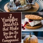 Three delicious campfire desserts showcased, including a chocolate and marshmallow treat in foil, a s'more with raspberry filling, and a baked apple dessert. Perfect recipes to impress at the campground.