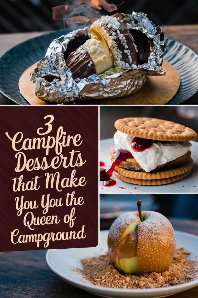 Three delicious campfire desserts showcased, including a chocolate and marshmallow treat in foil, a s'more with raspberry filling, and a baked apple dessert. Perfect recipes to impress at the campground.