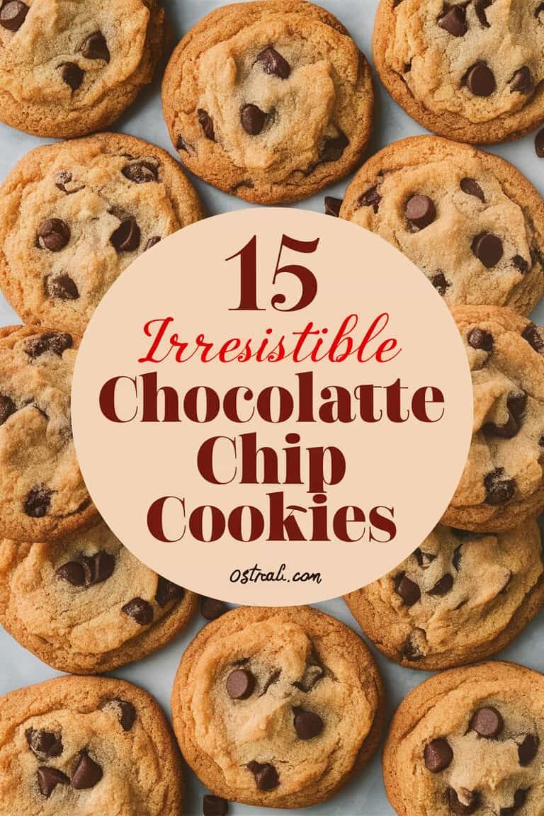 A delicious assortment of chocolate chip cookies with a text overlay that reads "15 Irresistible Chocolate Chip Cookies," perfect for dessert lovers seeking new recipes.