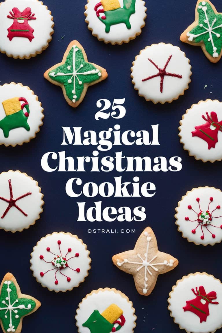 Colorful decorated Christmas cookies arranged on a dark background with the text "25 Magical Christmas Cookie Ideas" prominently displayed.