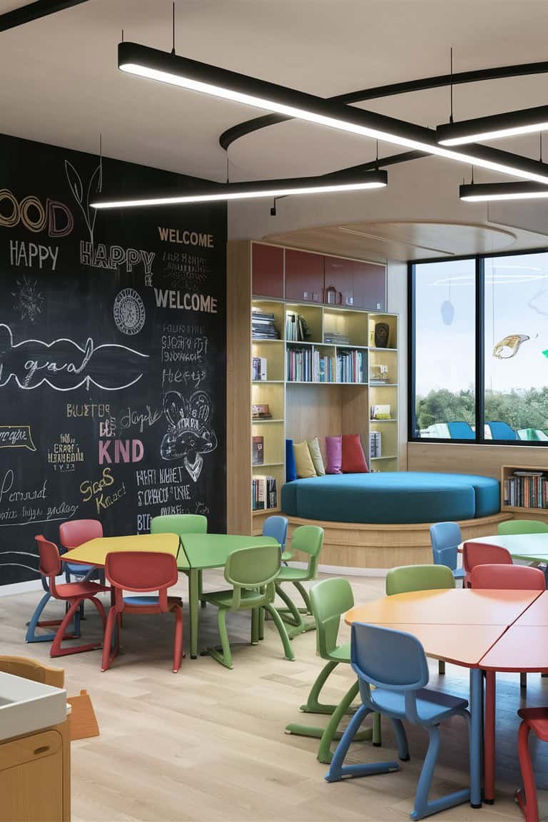 Colorful children's learning space featuring a chalkboard wall, a cozy reading nook, and bright, playful furniture.