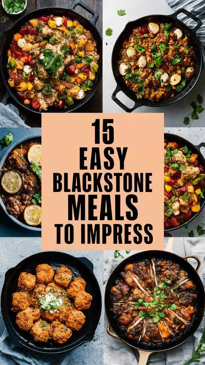 Collage of delicious Blackstone meals with text overlay highlighting "15 Easy Blackstone Meals to Impress," showcasing a variety of colorful dishes in skillet presentations.