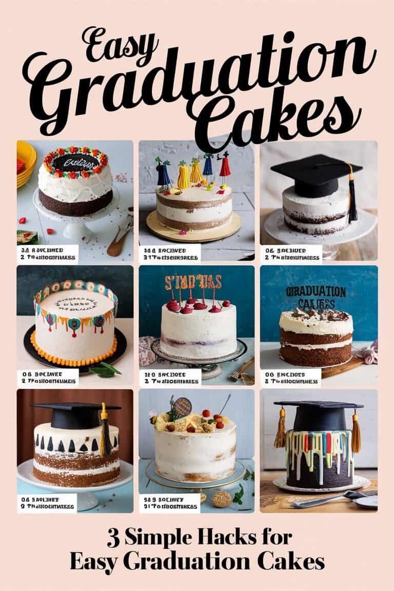 A collage of nine graduation cakes featuring various designs, including a classic white cake with a graduation cap, a chocolate cake with colorful decorations, and a layered cake adorned with celebratory figures. Each cake showcases unique themes suitable for graduation celebrations, emphasizing creativity and celebration.