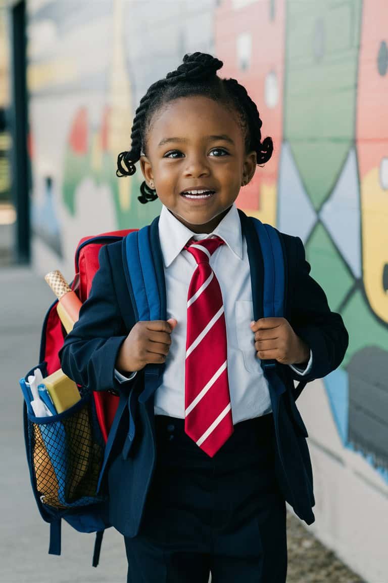 Smiling young boy in a suit and tie, carrying a backpack, standing in front of a colorful mural, ready for school.