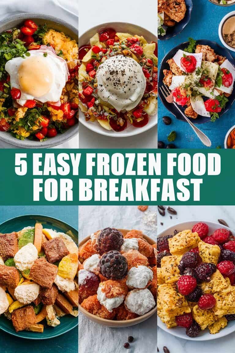 A collage of five easy frozen breakfast foods, including a colorful vegetable bowl, pancakes with fruit, yogurt parfait, a plate of baked pastries, and a variety of frozen breakfast items, with the text "5 Easy Frozen Food for Breakfast" prominently displayed.