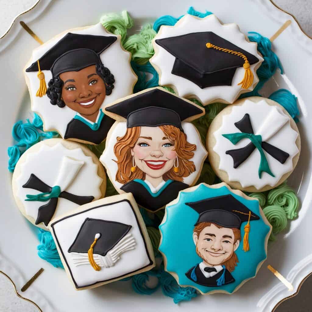 Decorative graduation-themed cookies featuring diverse graduate designs, including characters wearing caps and gowns, on a stylish plate with teal accents. Perfect for celebrating graduation parties and events.