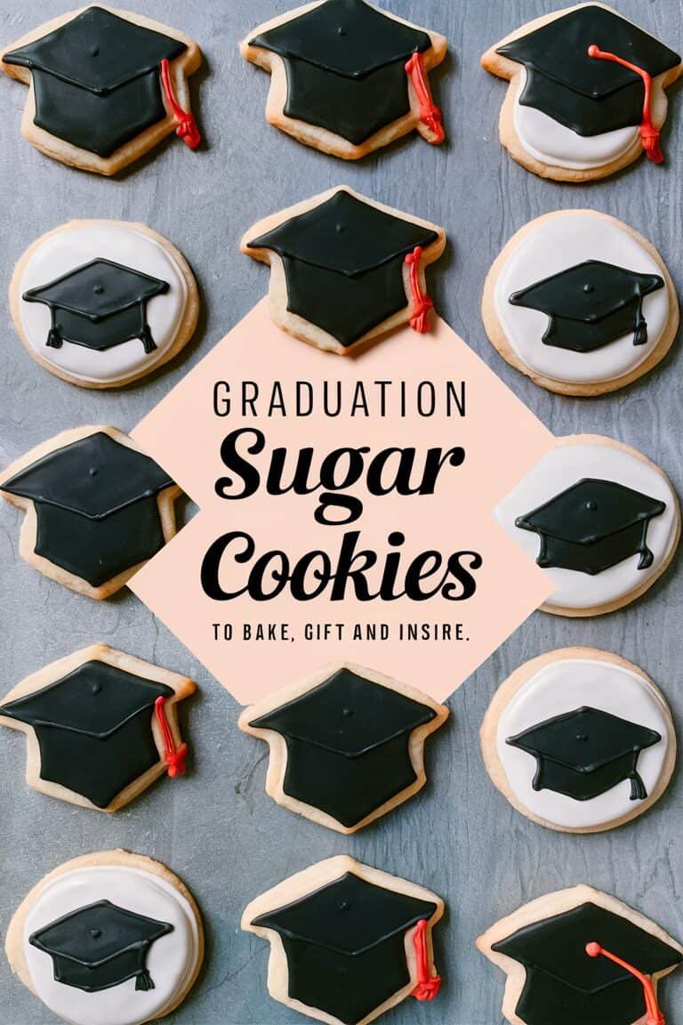 Graduation-themed sugar cookies decorated with black graduation caps on a light background, perfect for celebrating achievements and special occasions.