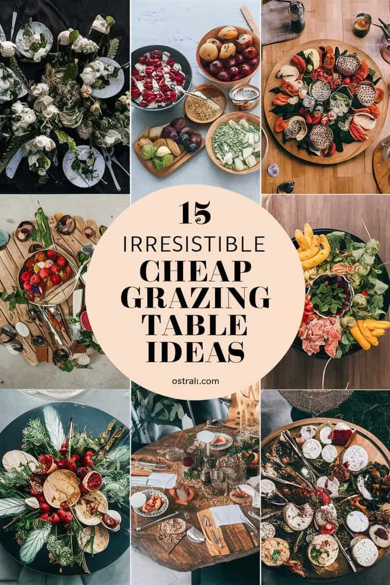 Collage of various grazing tables featuring colorful and diverse food arrangements, showcasing 15 affordable grazing table ideas for entertaining.