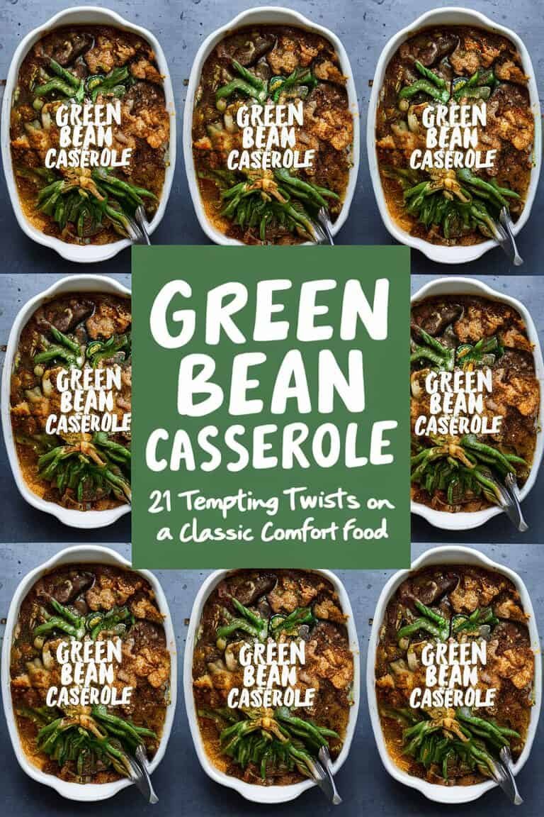 Image featuring a green bean casserole with a collage of various dishes, showcasing 21 tempting twists on this classic comfort food. The central text highlights "Green Bean Casserole" and emphasizes the creative variations available.