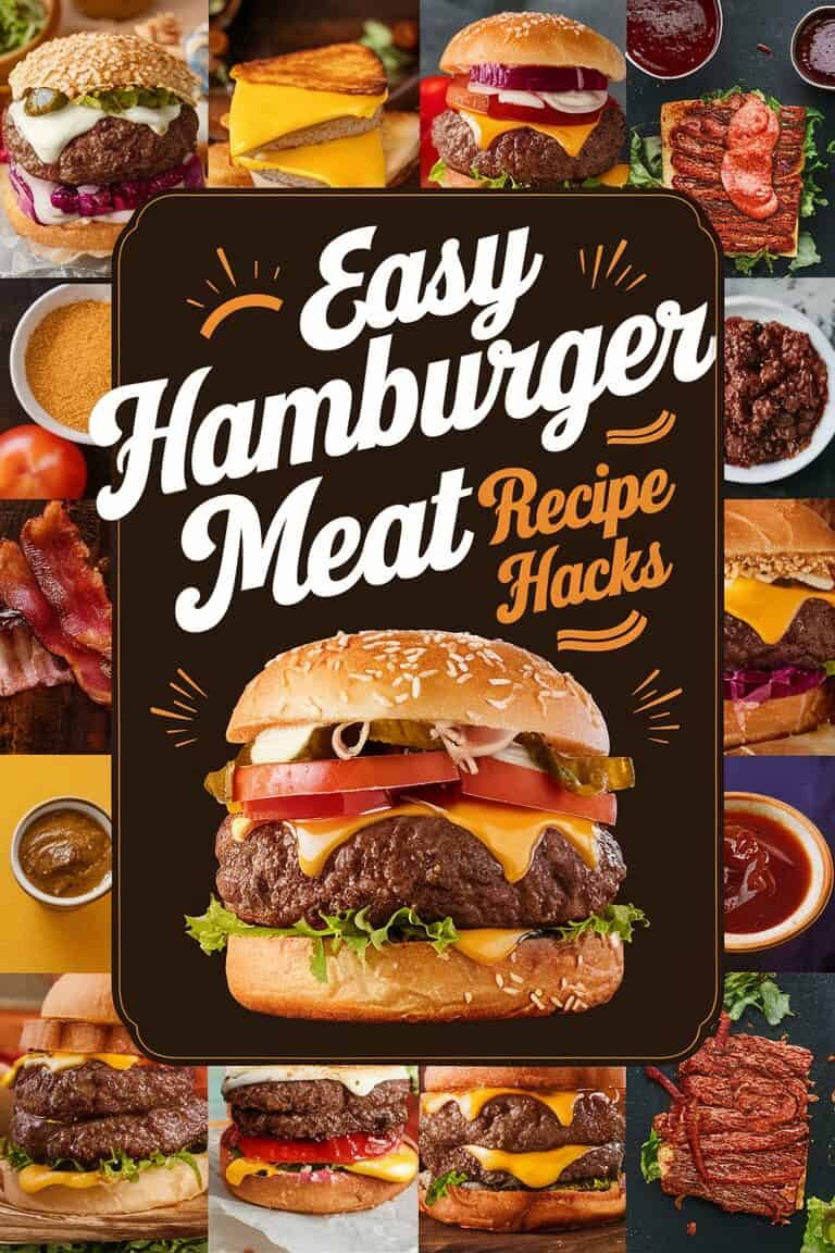 Image featuring a delicious hamburger with melted cheese, lettuce, tomato, and onion, surrounded by various condiments and side dishes. The text "Easy Hamburger Meat Recipe Hacks" is prominently displayed, highlighting simple and creative ways to enhance hamburger recipes.