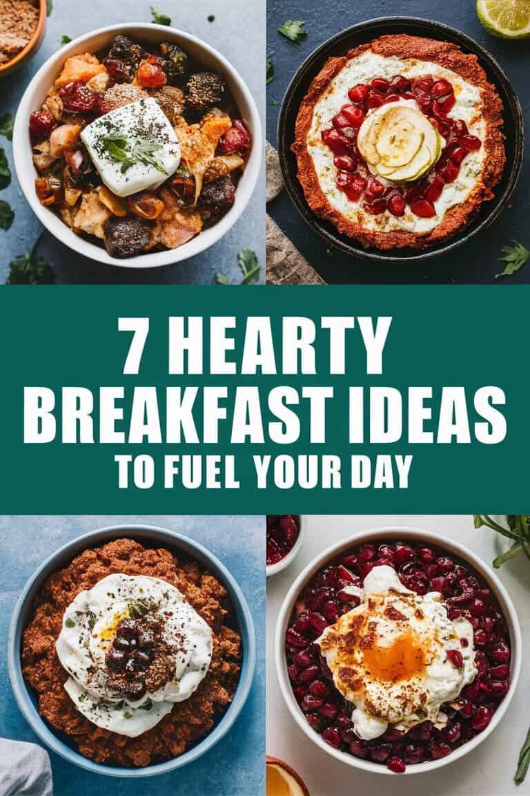 A collage of four bowls showcasing seven hearty breakfast ideas, featuring a variety of nutritious ingredients, perfect for fueling your day.