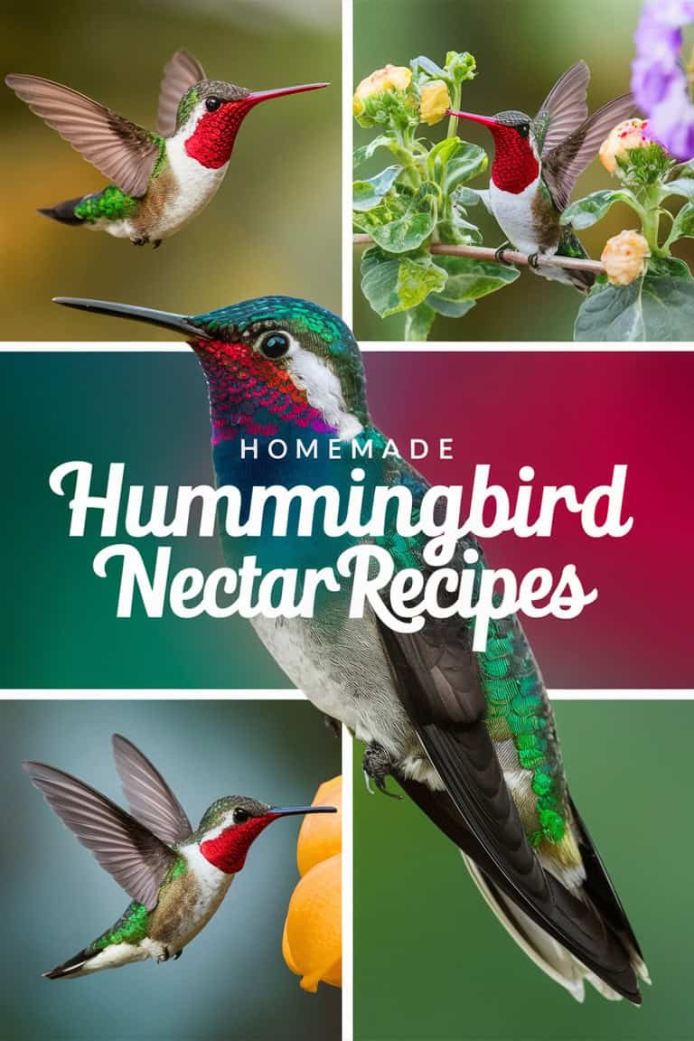 Colorful collage of hummingbirds with text overlay promoting homemade hummingbird nectar recipes, showcasing various feeding methods and ingredients for attracting these vibrant birds.