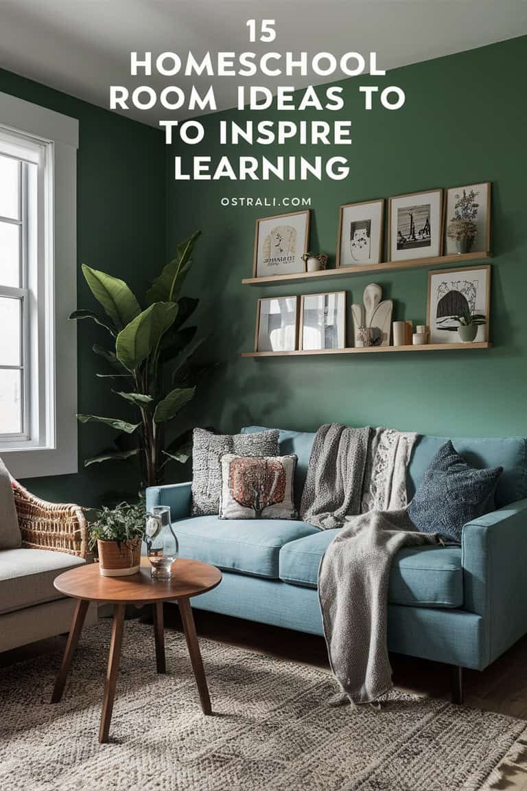 Cozy living room with a blue sofa, decorative pillows, a wooden coffee table, and a green accent wall adorned with framed artwork and plants, designed to inspire learning and creativity.