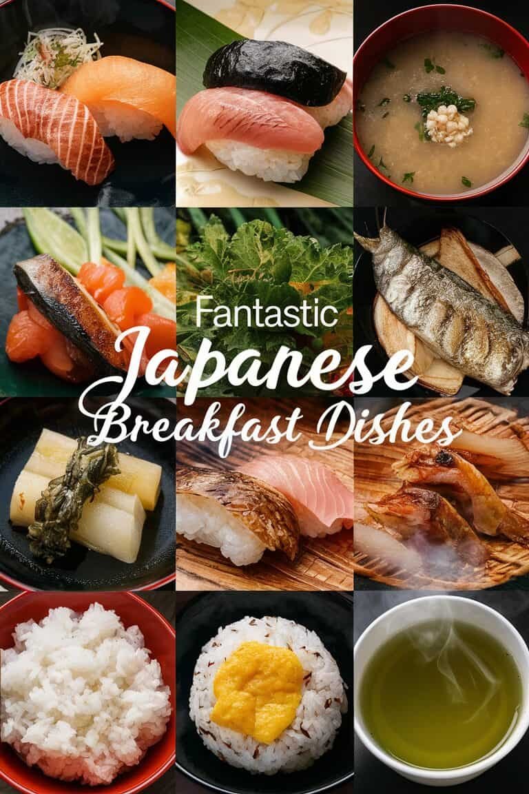 A collage of traditional Japanese breakfast dishes, featuring sushi, grilled fish, miso soup, rice, and various side dishes, showcasing the variety and flavors of Japanese cuisine.