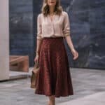 Woman in a stylish outfit featuring a light blouse and a flowing burgundy skirt, walking gracefully in a modern indoor setting.