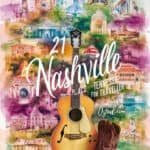 Colorful illustration of Nashville featuring iconic landmarks and a guitar, with the text "21 Nashville" prominently displayed, highlighting the city's music heritage and tourist attractions.