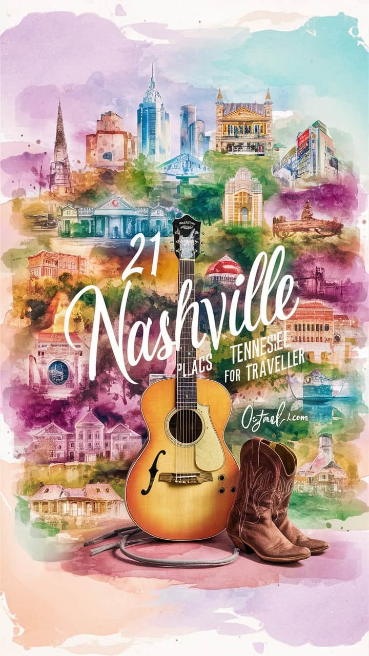 Colorful illustration of Nashville featuring iconic landmarks and a guitar, with the text "21 Nashville" prominently displayed, highlighting the city's music heritage and tourist attractions.