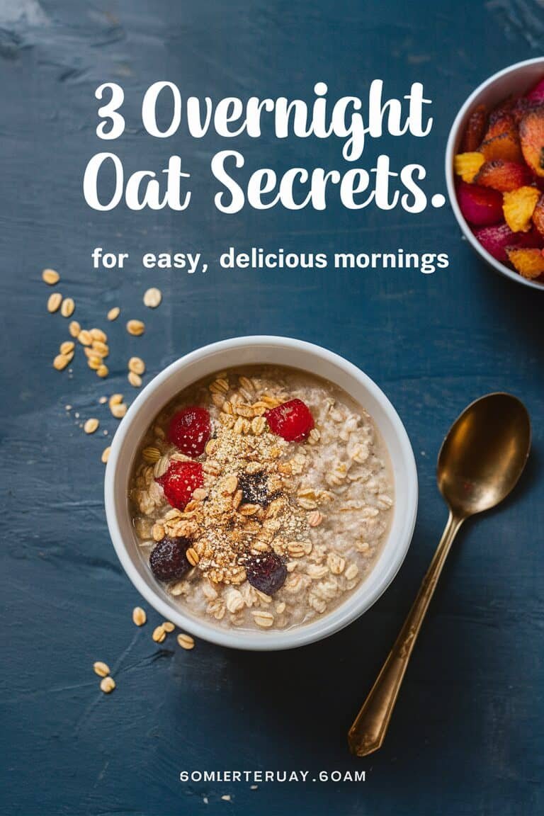 Bowl of oatmeal topped with fresh berries and a spoon, with a colorful fruit bowl in the background, promoting easy and delicious breakfast ideas.