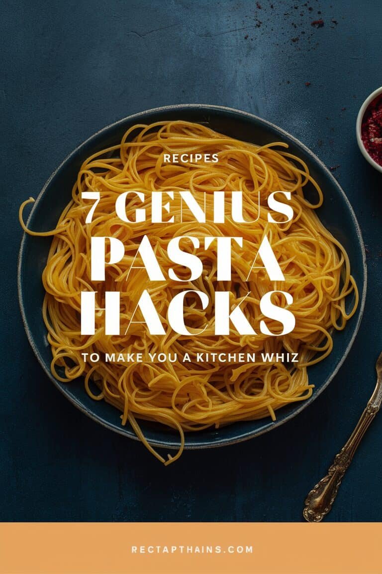 Plate of spaghetti with text overlay promoting "7 Genius Pasta Hacks" for enhancing cooking skills in the kitchen.