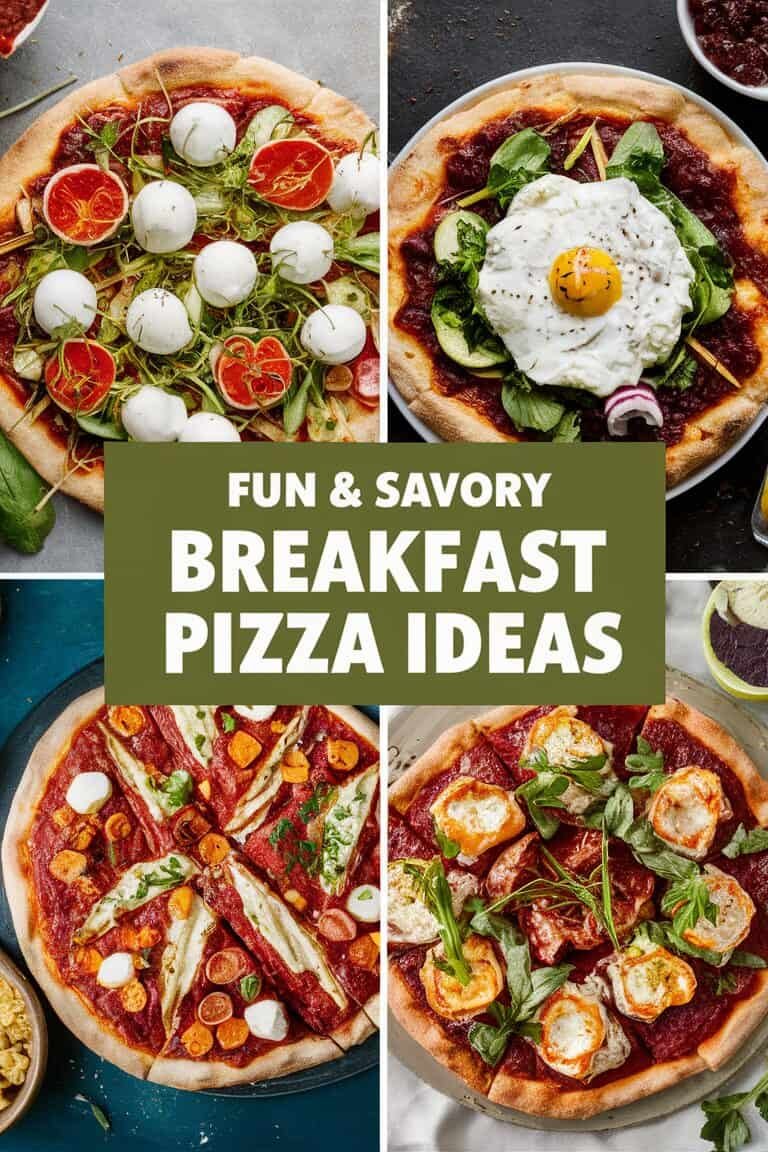 Four delicious breakfast pizza ideas featuring various toppings such as fresh vegetables, eggs, and cheese, with a bold text overlay reading "Fun & Savory Breakfast Pizza Ideas."