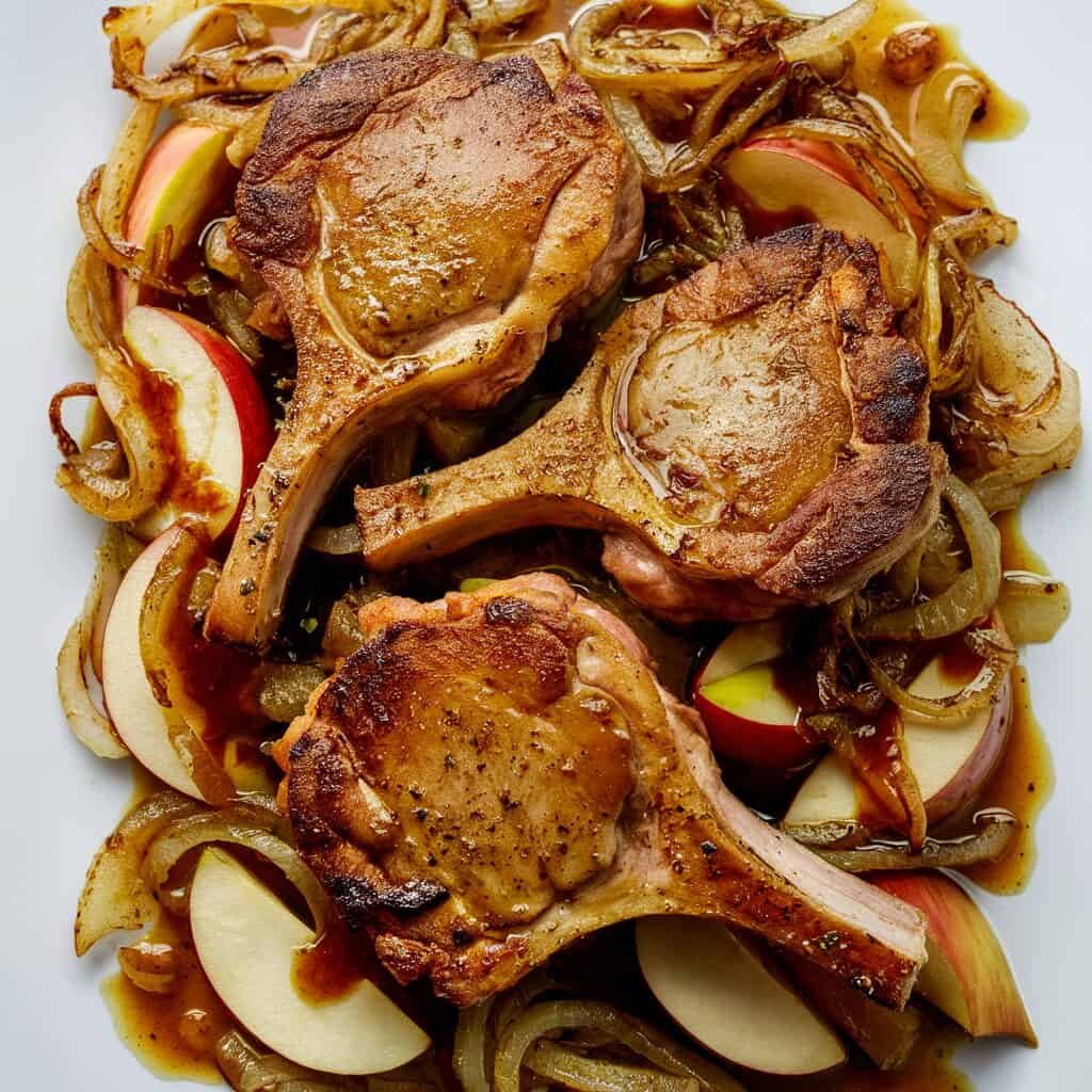 Three perfectly cooked pork chops seasoned and served on a bed of caramelized onions and sliced apples, showcasing a delicious and savory meal presentation.