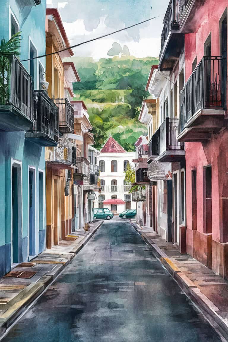 Colorful street view in a historic town with vibrant buildings and lush green hills in the background, showcasing a picturesque urban landscape.