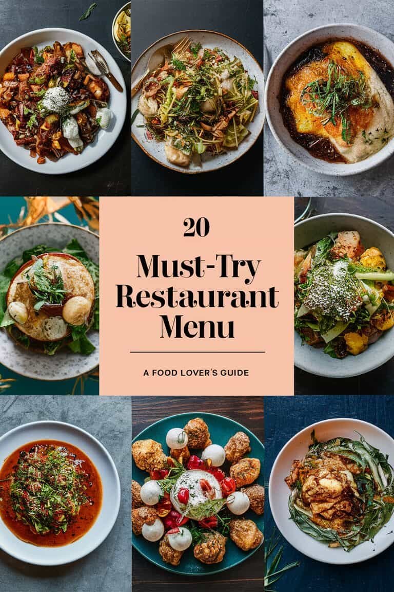 A flat lay image featuring a variety of dishes from a restaurant menu, including salads, entrees, and desserts, with a central text overlay that reads "20 Must-Try Restaurant Menu."