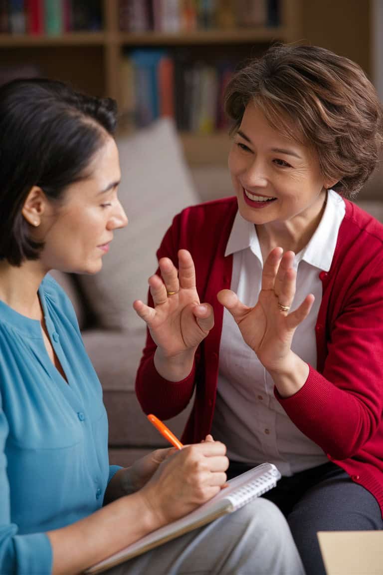 Two women engaged in a conversation, with one woman actively listening and taking notes, while the other gestures expressively, indicating a discussion about learning or mentorship.