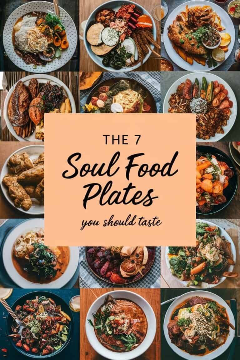 A colorful collage of various soul food dishes, showcasing seven must-try plates with vibrant ingredients and traditional presentations.