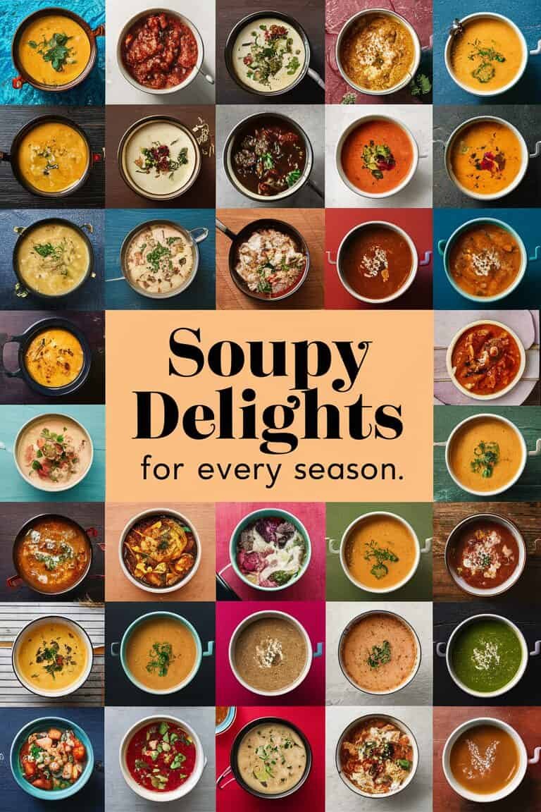 A colorful collage of various soups in bowls, showcasing a diverse range of flavors and ingredients, with the text "Soupy Delights for every season" prominently displayed in the center.