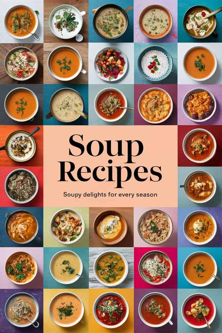 A colorful collage of various soup dishes displayed in bowls, featuring a variety of ingredients and garnishes, with the text "Soup Recipes" prominently featured in the center.