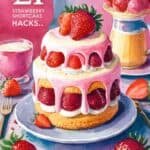 Colorful strawberry cake with pink icing and fresh strawberries on top, surrounded by sliced strawberries and a cup of strawberry drink. The image promotes strawberry dessert hacks.