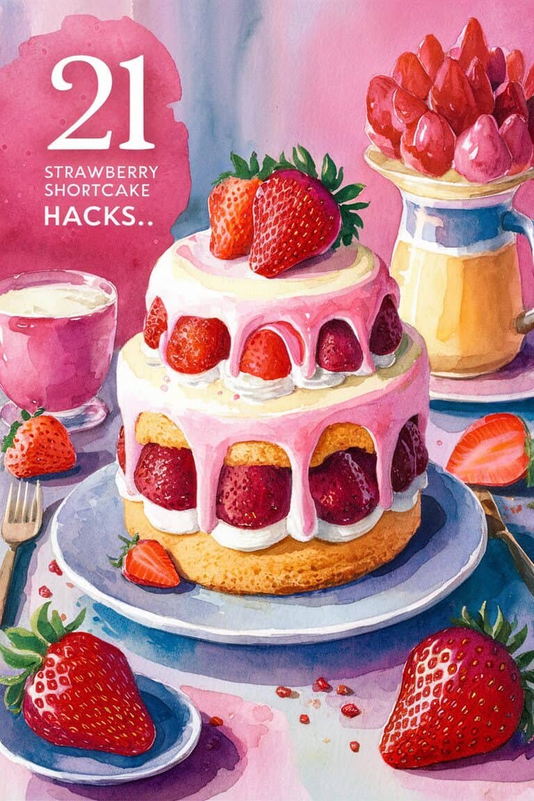 Colorful strawberry cake with pink icing and fresh strawberries on top, surrounded by sliced strawberries and a cup of strawberry drink. The image promotes strawberry dessert hacks.