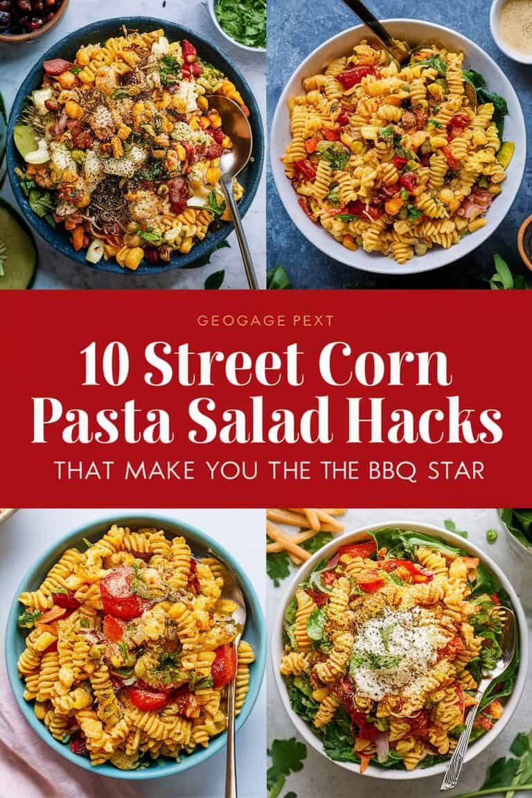 Collage of four delicious street corn pasta salads with vibrant ingredients, showcasing "10 Street Corn Pasta Salad Hacks" for summer BBQs.