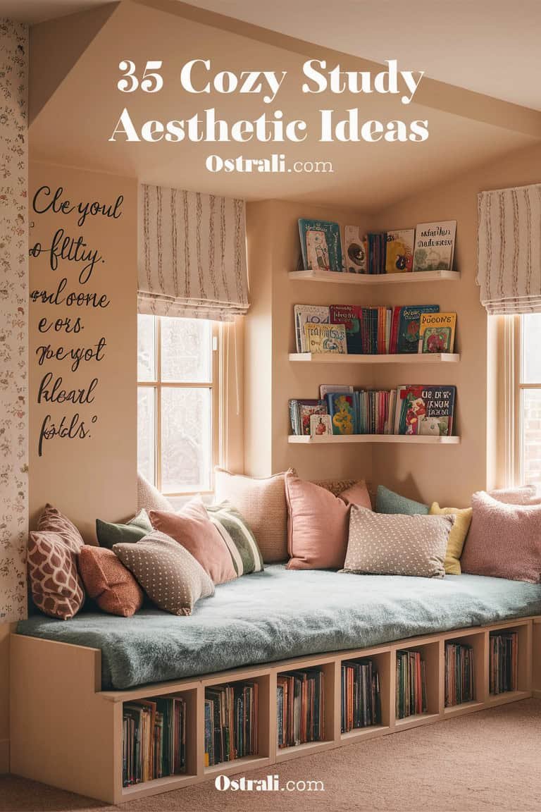 Cozy reading nook with built-in shelves filled with books, soft cushions in pastel colors, and natural light streaming through window coverings, creating a warm and inviting atmosphere.