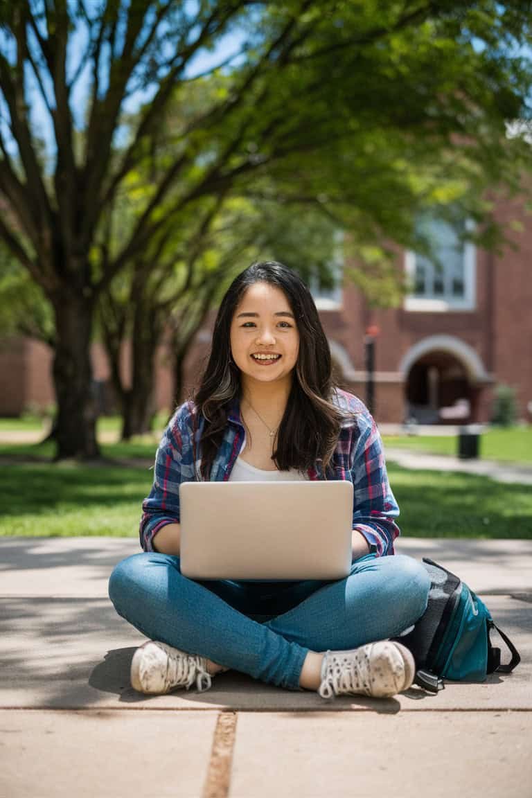 Young female student sitting outdoors on a college campus, using a laptop while surrounded by trees and academic buildings, representing online learning and student life.