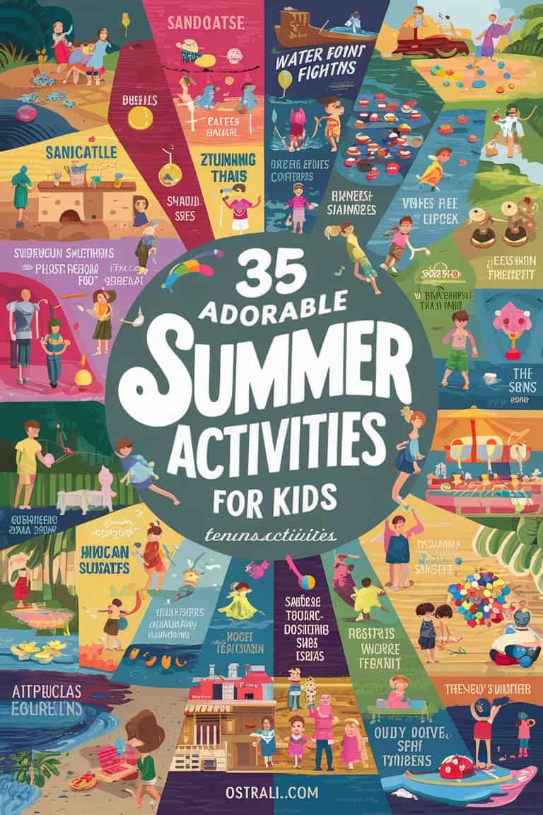 Colorful infographic featuring 35 adorable summer activities for kids, showcasing creative and fun ideas for outdoor and indoor play, including arts and crafts, games, and educational projects.