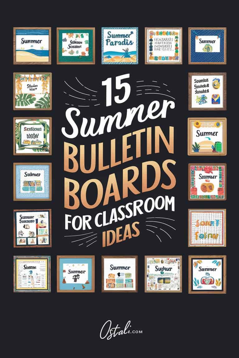 Colorful graphic showcasing 15 creative summer bulletin board ideas for classrooms, featuring various designs and themes to inspire teachers.