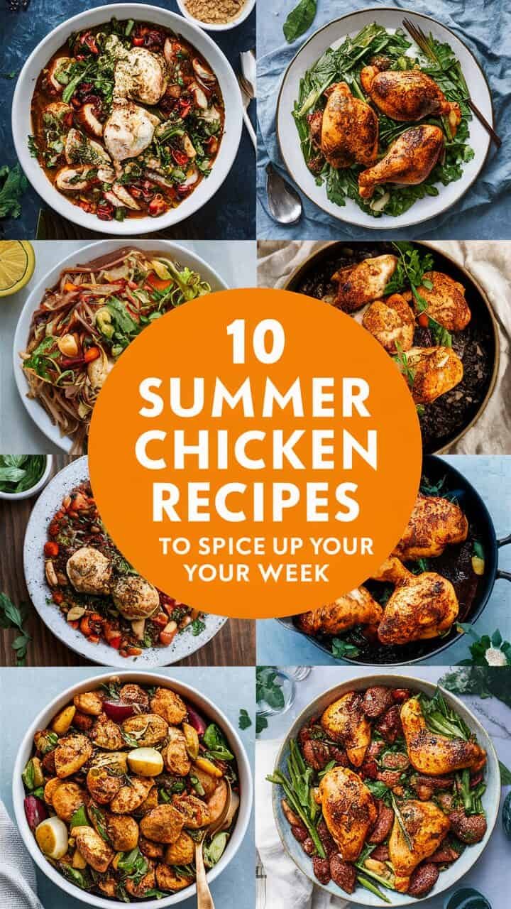 A collage of delicious summer chicken recipes featuring vibrant dishes, highlighting "10 Summer Chicken Recipes to Spice Up Your Week" for easy meal inspiration.