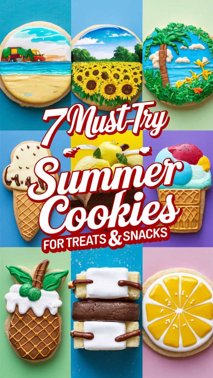 Colorful assortment of summer-themed cookies, featuring ice cream cones, tropical fruit designs, and vibrant decorations, with text highlighting "7 Must-Try Summer Cookies for Treats & Snacks."