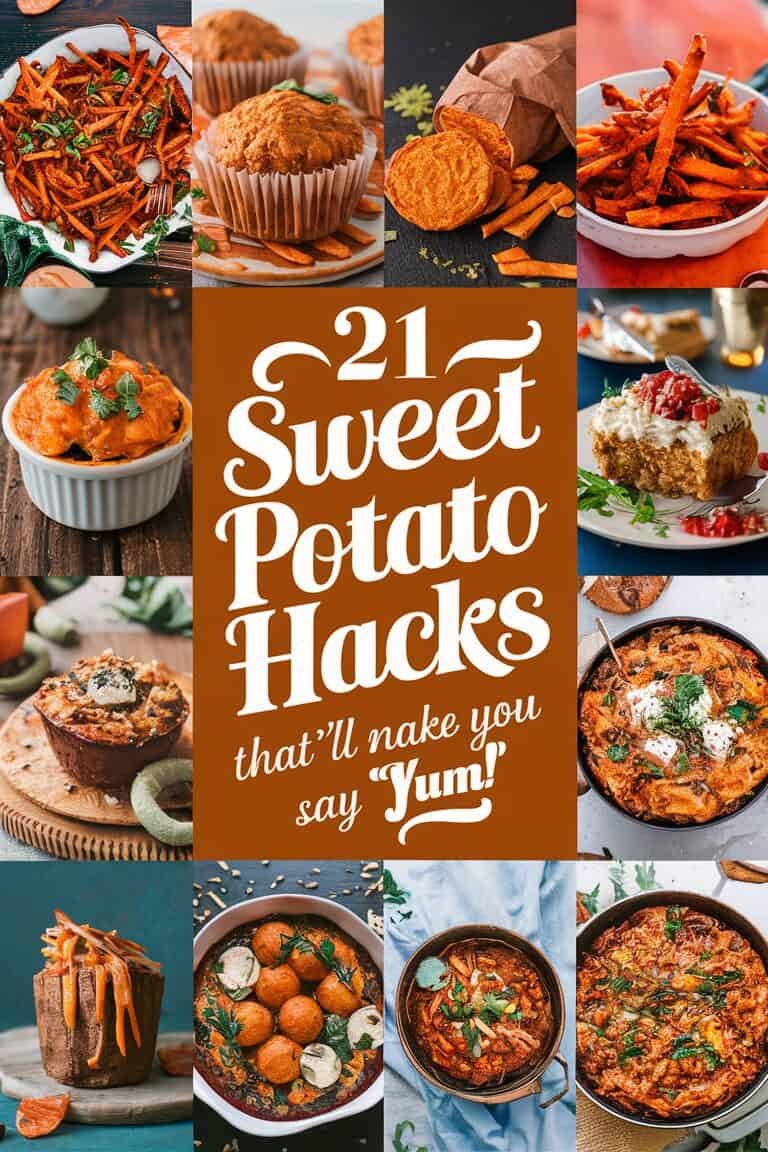 A vibrant collage showcasing 21 creative sweet potato recipe hacks, featuring dishes like sweet potato fries, casseroles, and stuffed sweet potatoes, designed to inspire delicious meals.