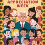 Colorful illustration celebrating Appreciation Week, featuring a diverse group of children and an older man surrounded by sunflowers, conveying themes of gratitude and community.