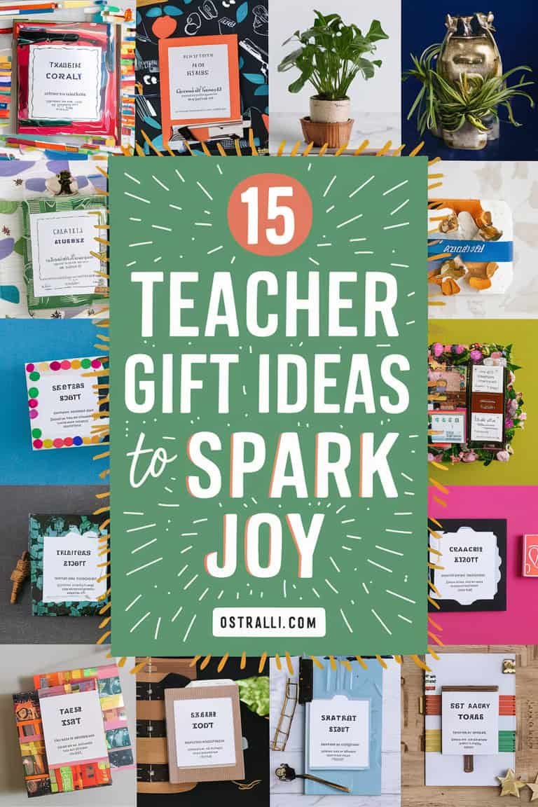 Colorful graphic featuring the text "15 Teacher Gift Ideas to Spark Joy" with a background of various gift ideas for teachers.